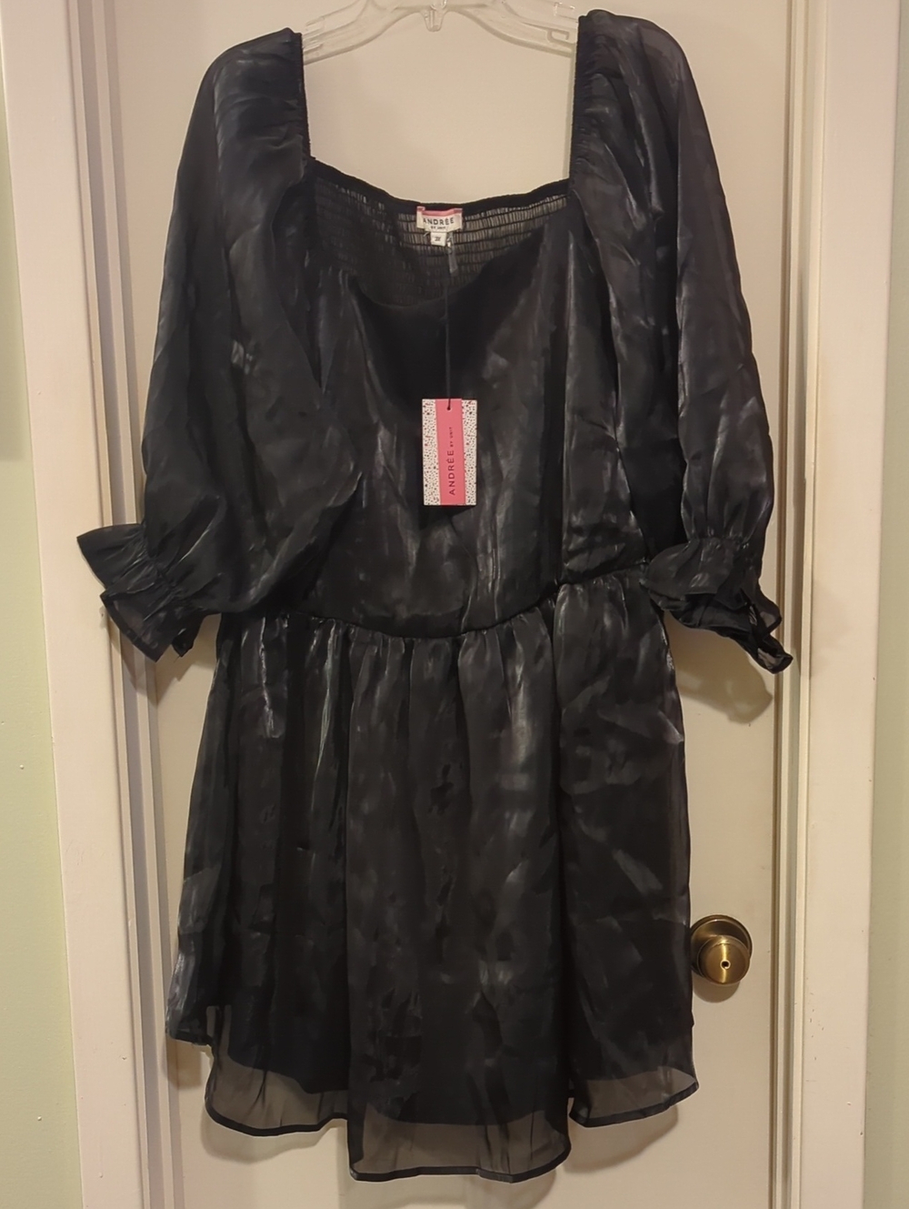 ANDREE BY UNIT Black Sheer Puff-Sleeve Mini Dress with Square Neckline
